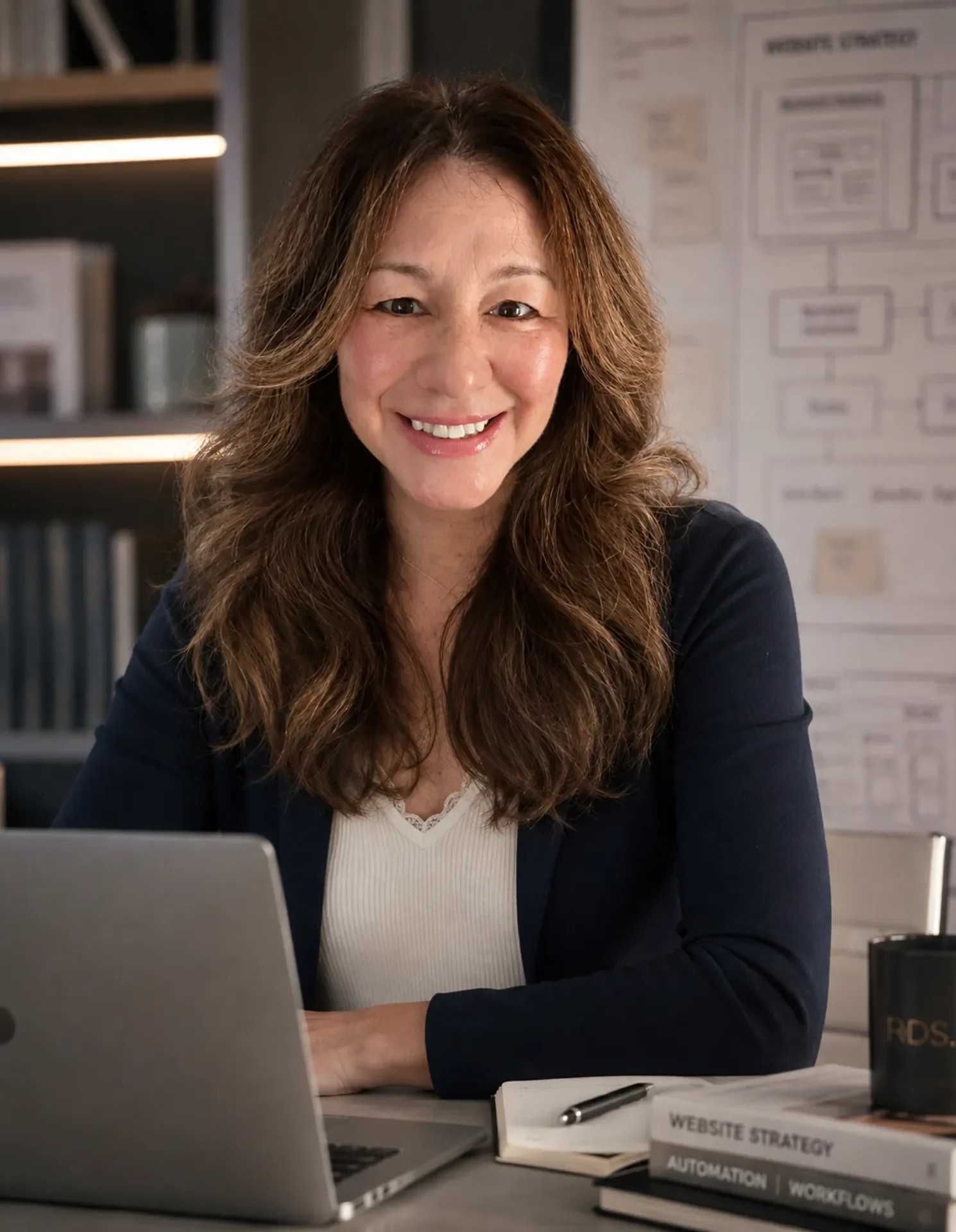 A smiling woman sitting at a desk with a laptop, books, and documents, in a modern office setting.