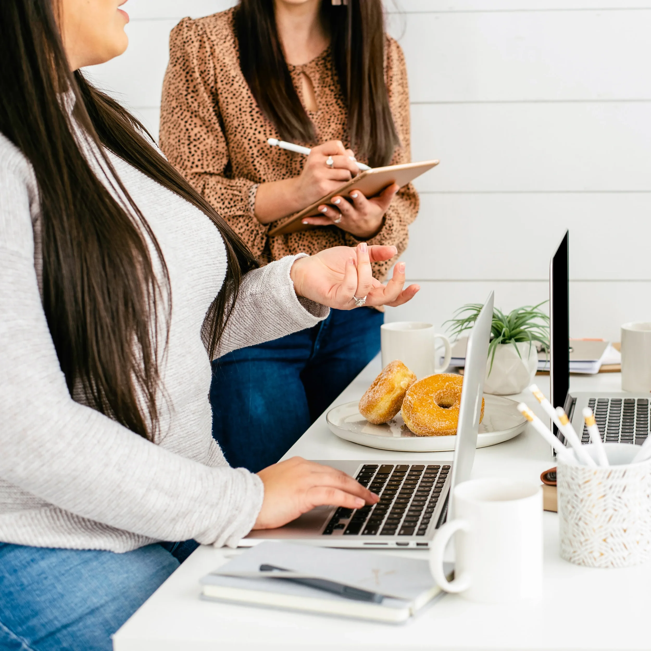 Two women meeting; one explaining using a laptop and the other taking notes on a iPad.