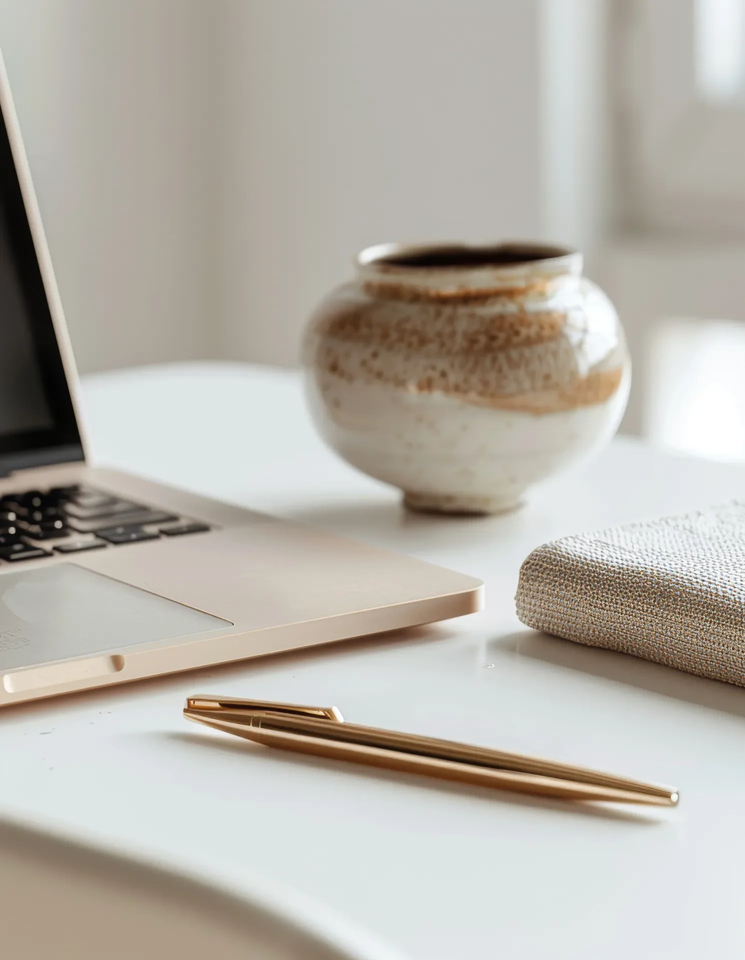 A gold pen on a desktop with an open laptop, notebook, and gold-ish type vase in the background