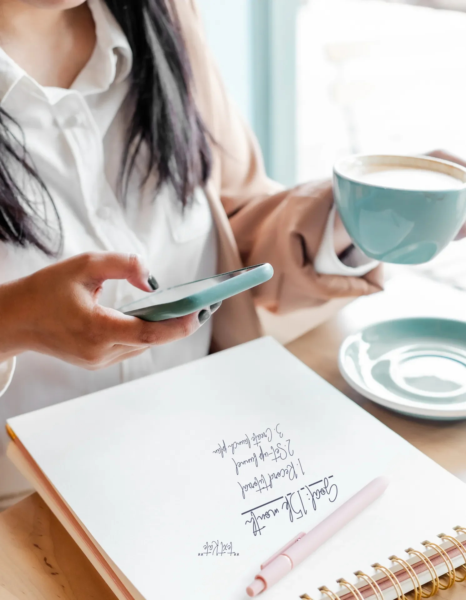A woman holds a smartphone in one hand and a blue coffee cup in the other, sitting at a table with a planner and a pink pen. The planner page has handwritten notes.