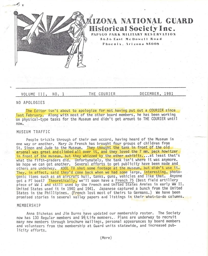 Letterhead from the Arizona National Guard Historical Society Inc., dated December 1981, featuring a graphic of a soldier with a rifle and sunburst background.