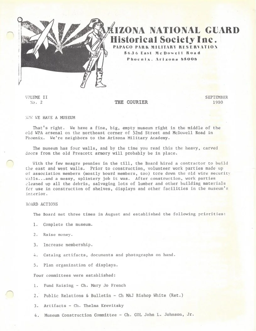 Letter from the Arizona National Guard Historical Society Inc., dated September 1980, discussing museum establishment, board actions, and committee assignments. Contains an illustration of a soldier holding a rifle, standing in front of a rising sun, with a flag.