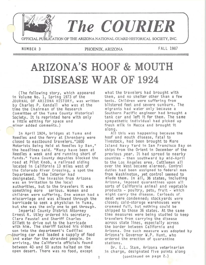 The front page of theFall 1987 issue of 'The Courier,' an Arizona Historical Society publication, featuring an article about Arizona's 1924 hoof and mouth disease war.