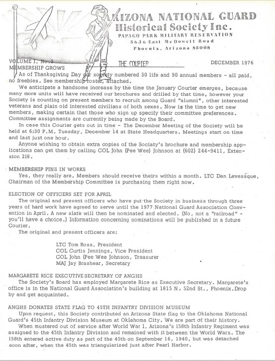 Document from Arizona National Guard Historical Society Inc. dated December 1976 about membership growth, officers, and activities, including information on election, pins, and donations to the 45th Infantry Division Museum.