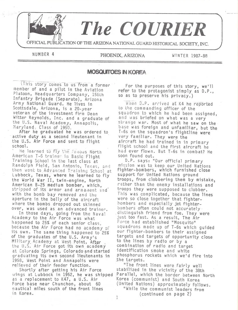 A black and white newsletter page titled 'The Courier,' official publication of the Arizona National Guard Historical Society, Inc. Summer 1987-88 issue, discussing mosquitoes in Korea, with a story about a U.S. Air Force pilot in the Korean War, and a header illustration of a soldier standing beside a flag.