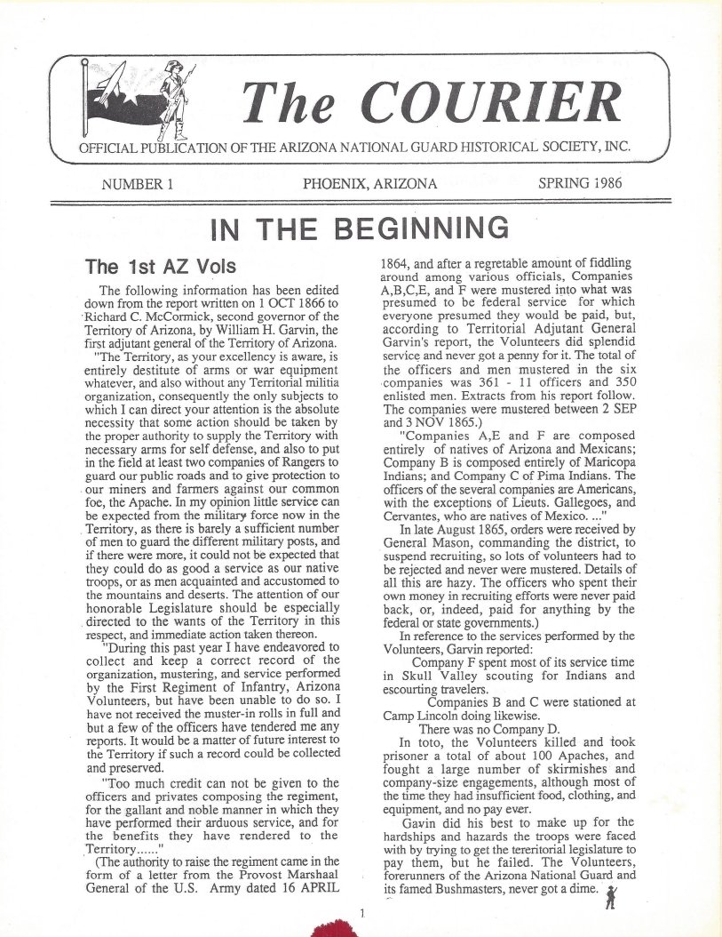 Page from a newsletter titled 'The Courier', published by the Arizona National Guard Historical Society in Phoenix, Arizona, Spring 1986, discussing the 1st Arizona Volunteer Regiments and their history during the Civil War.