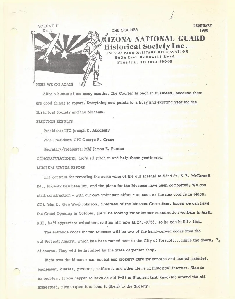 A black and white newsletter titled 'The Courier' from February 1980, featuring the Arizona National Guard Historical Society Inc., with an illustration of a soldier standing next to a flag and a star, and text reporting election results and museum updates.