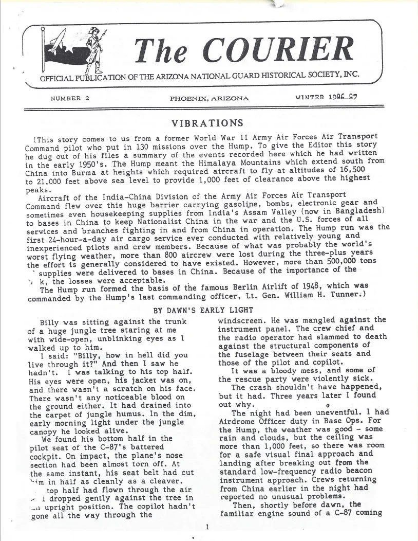 Page from a newsletter titled 'The Courier,' an official publication of the Arizona National Guard Historical Society, Inc., dated Winter 1986-87. It includes a story about World War II Army Air Forces Air Transport Command pilots, with the headline 'Vibrations,' and a smaller story titled 'By Dawn's Early Light' featuring a personal account of a pilot's experience.
