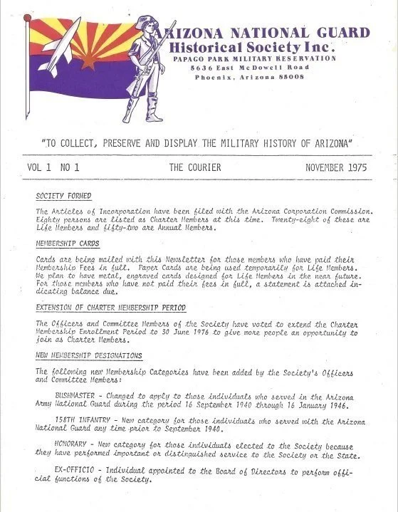 Document from Arizona National Guard Historical Society Inc., dated November 1975, detailing society formation, membership cards, charter extension, new membership designations including positions like Bushmaster and 158th Infantry, and an ex-officio appointment.