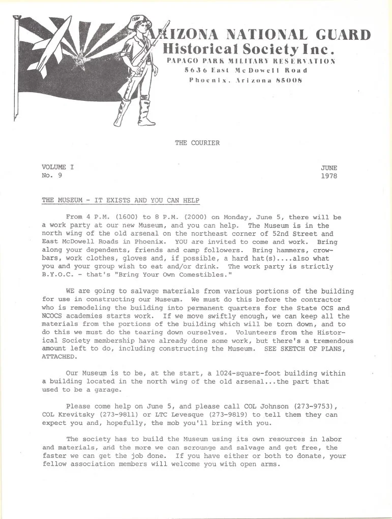A black and white flyer from the Arizona National Guard Historical Society Inc., promoting a work party for the museum's construction on June 5, 1978, at the Papago Park Military Reservation in Phoenix, Arizona.