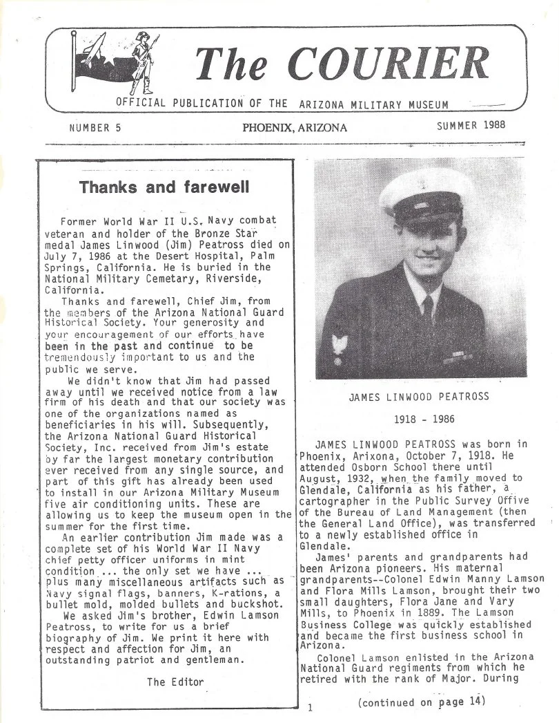 A black-and-white newsletter titled "The Courier," official publication of the Arizona Military Museum, Summer 1988. It shares a remembrance of James Linwood Peatross, a U.S. Navy veteran, with a portrait of him in a naval uniform. The article details his life, military service, and family history, and is signed by the editor.