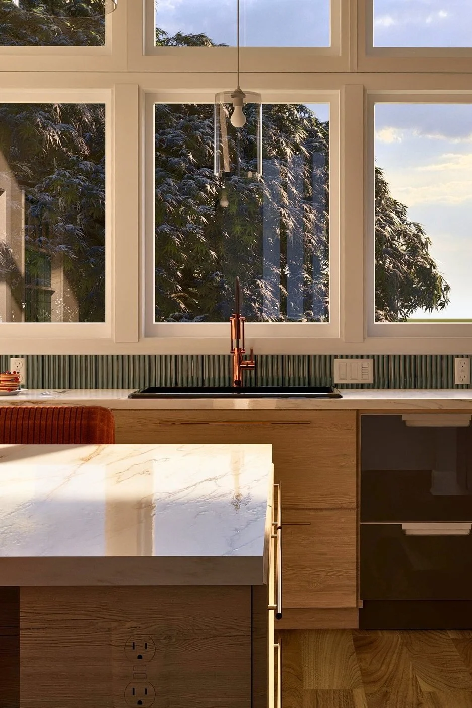 Kitchen with a large window showing trees outside, a black sink with a rose gold faucet, and a marble countertop. There are wooden cabinets and a striped backsplash.