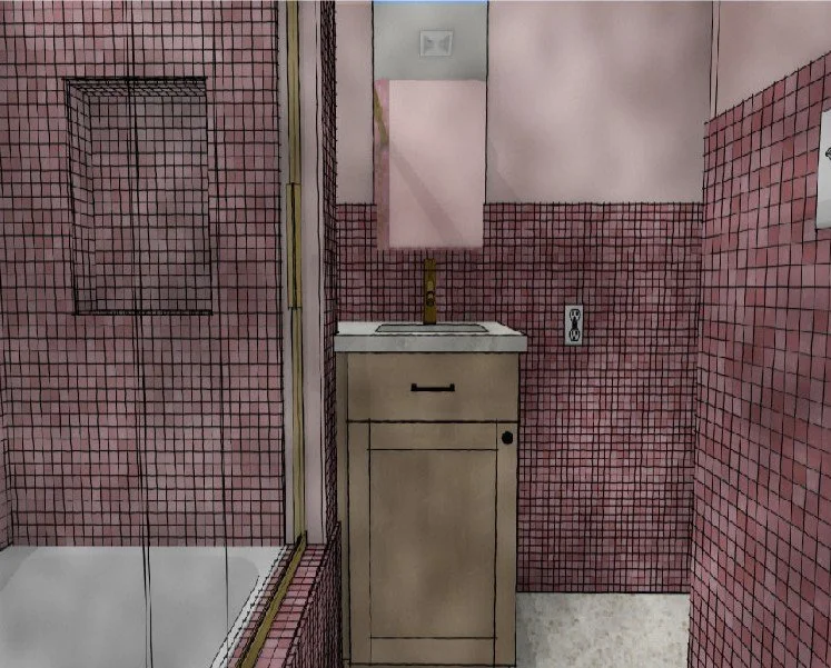 Small bathroom with pink square tile walls, a beige vanity with a sink, a mirror above the sink, and a glass shower enclosure with a gold-colored frame.