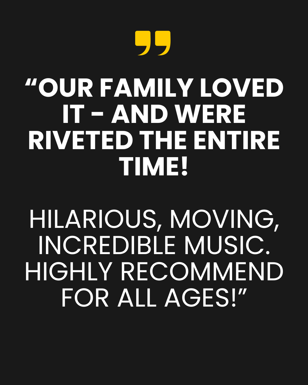 Testimonial quote about a music event, with black background, white and yellow text.