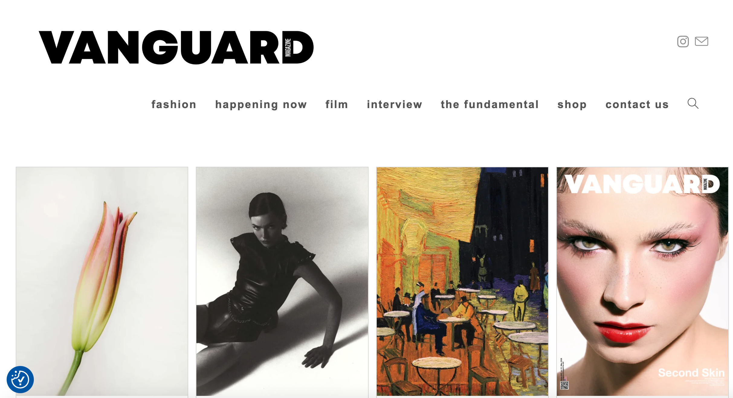 Screenshot of the Vanguard magazine homepage showing various magazine covers including a flower, a woman in black, an impressionist painting, and a close-up of a woman's face.