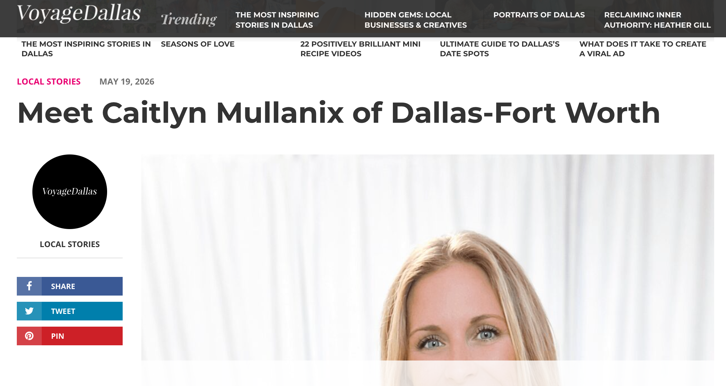 Screenshot of the Voyage Dallas website homepage featuring a headline about Caitlyn Mullanix of Dallas-Fort Worth, with social media sharing buttons and navigation links at the top, an article showing an interview with Styled By Caitlyn