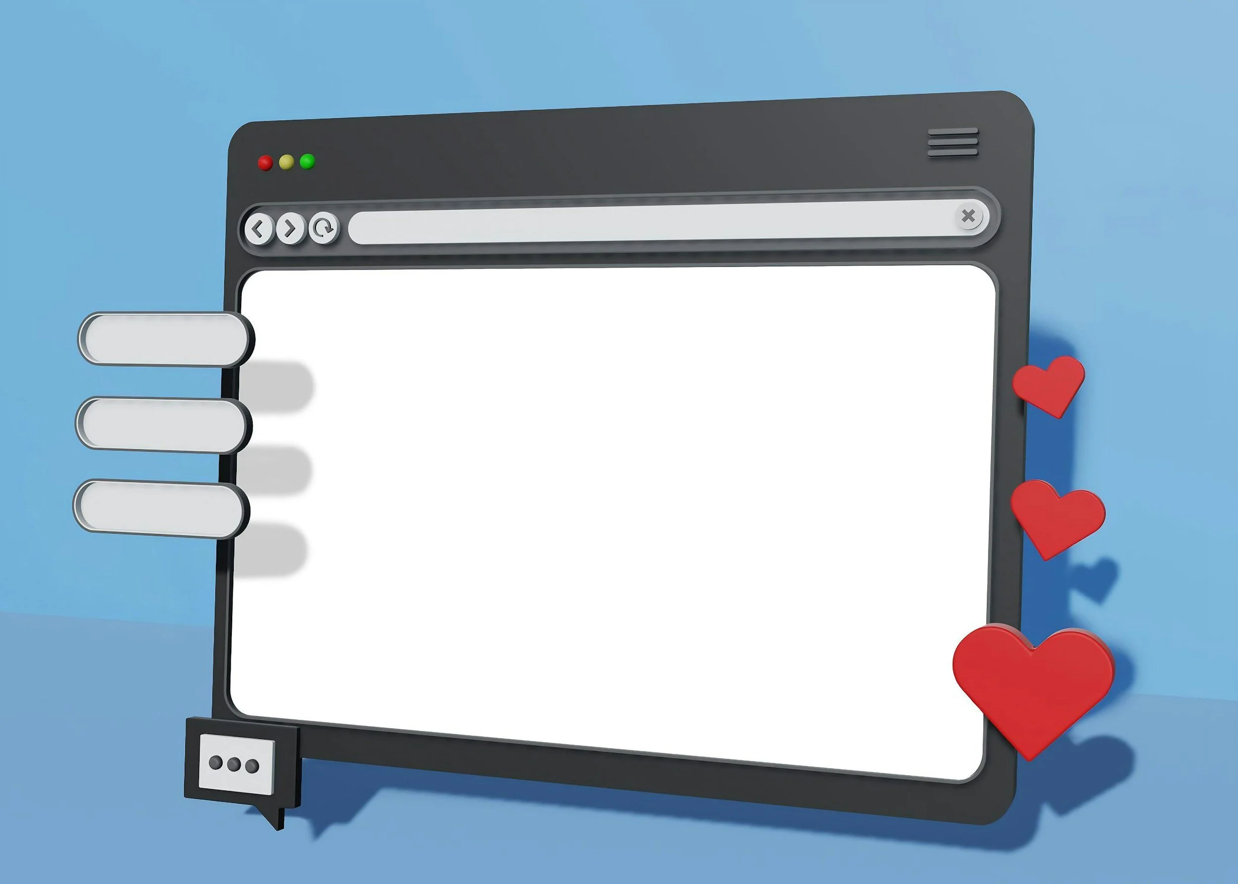 Digital illustration of a social media window with three white comment bubbles on the left, three red hearts on the right, and a blank white space in the center. The background is light blue.
