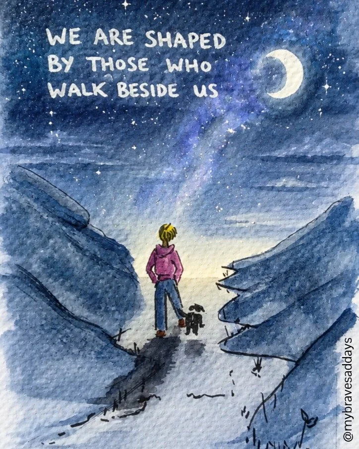 We are shaped by those who walk beside us 💕

#mybravesaddays #journaling #journalwriting #reflection #sadness #grief #selfawareness #innerjourney #ayurveda #ayurvedicpsychology #illustration #storytelling #friendship #companionship #highpower