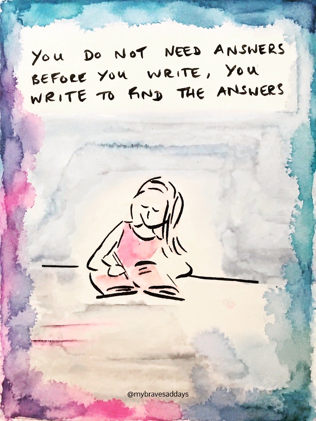 You do not need answers before you write, you write to find the answers 💕

#mybravesaddays #journaling #journal#thoughtsonthepage #reflection #selfawareness #mindfulness #bigfeelings #childrensauthor #authorillustrator #illustration #watercolourart 