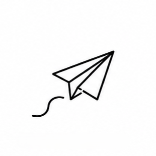 A simple sketch of a paper airplane flying through the air with a dotted flight trail.