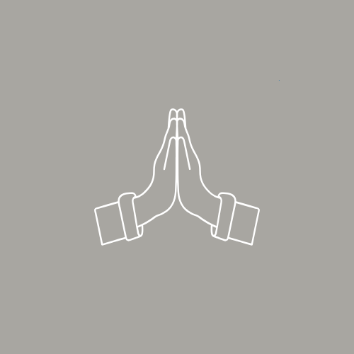 Illustration of two hands pressed together in a prayer or greeting gesture on a blue background.