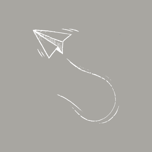 A simple sketch of a paper airplane flying through the air with a dotted flight trail.