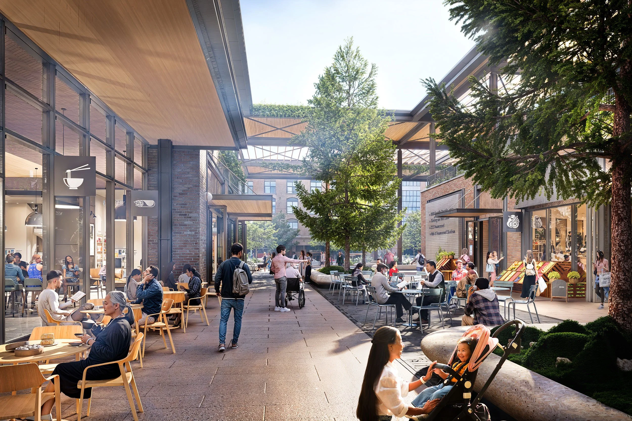 Preliminary concept rendering of retail experience adjacent to Caltrain station
