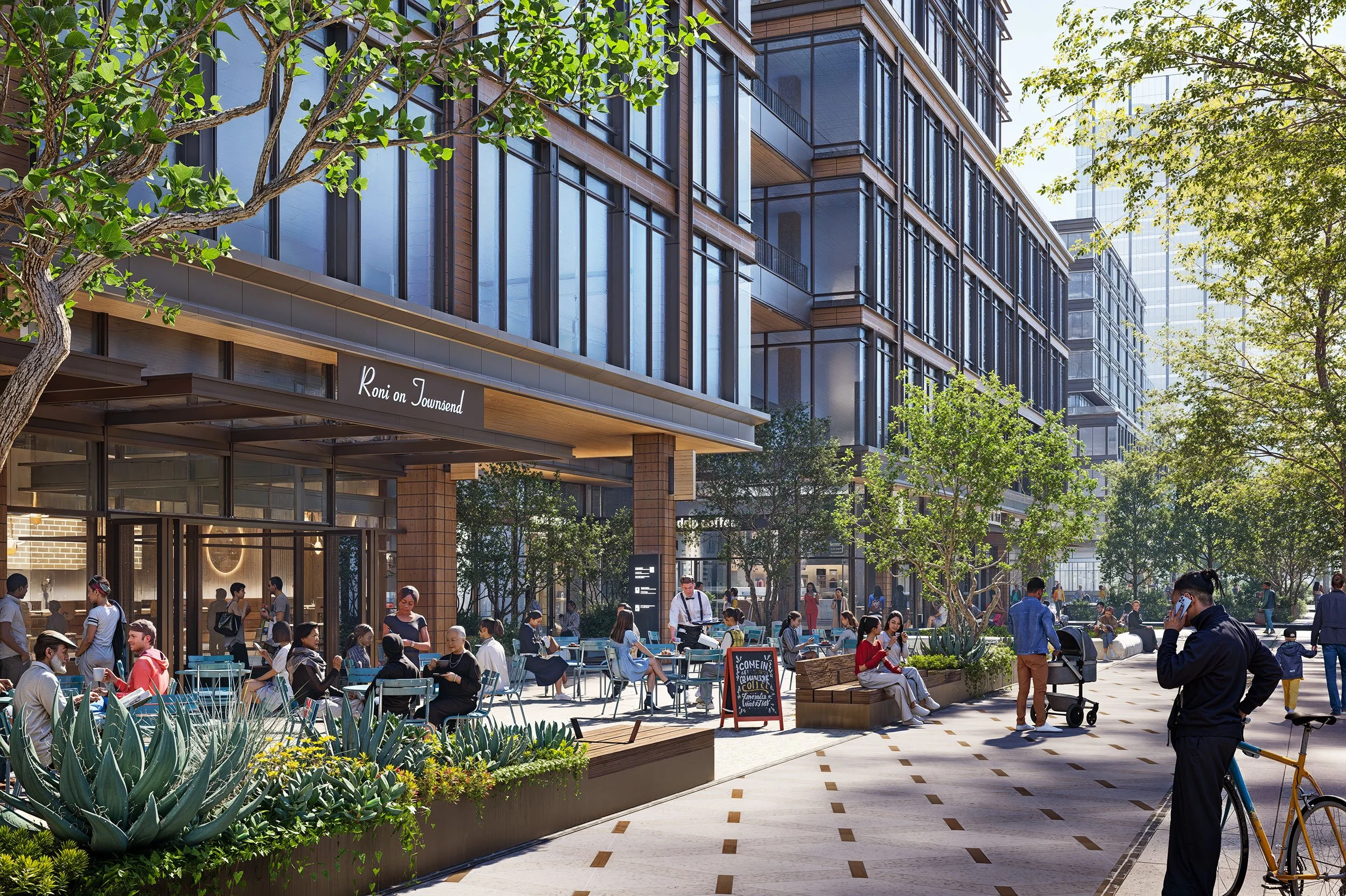 Preliminary concept rendering of outdoor dining space along Townsend Street