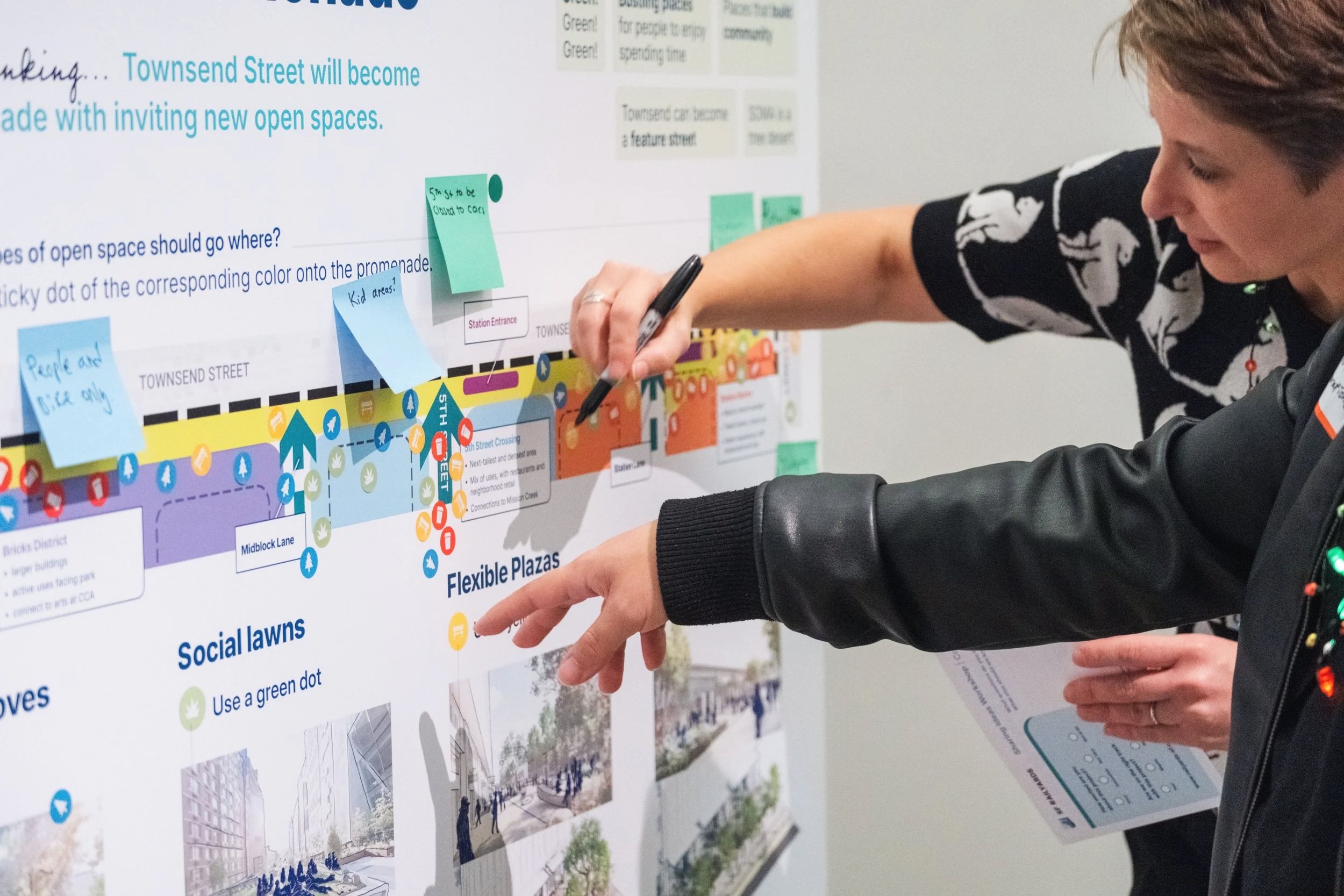 Hands gesture towards a community workshop board