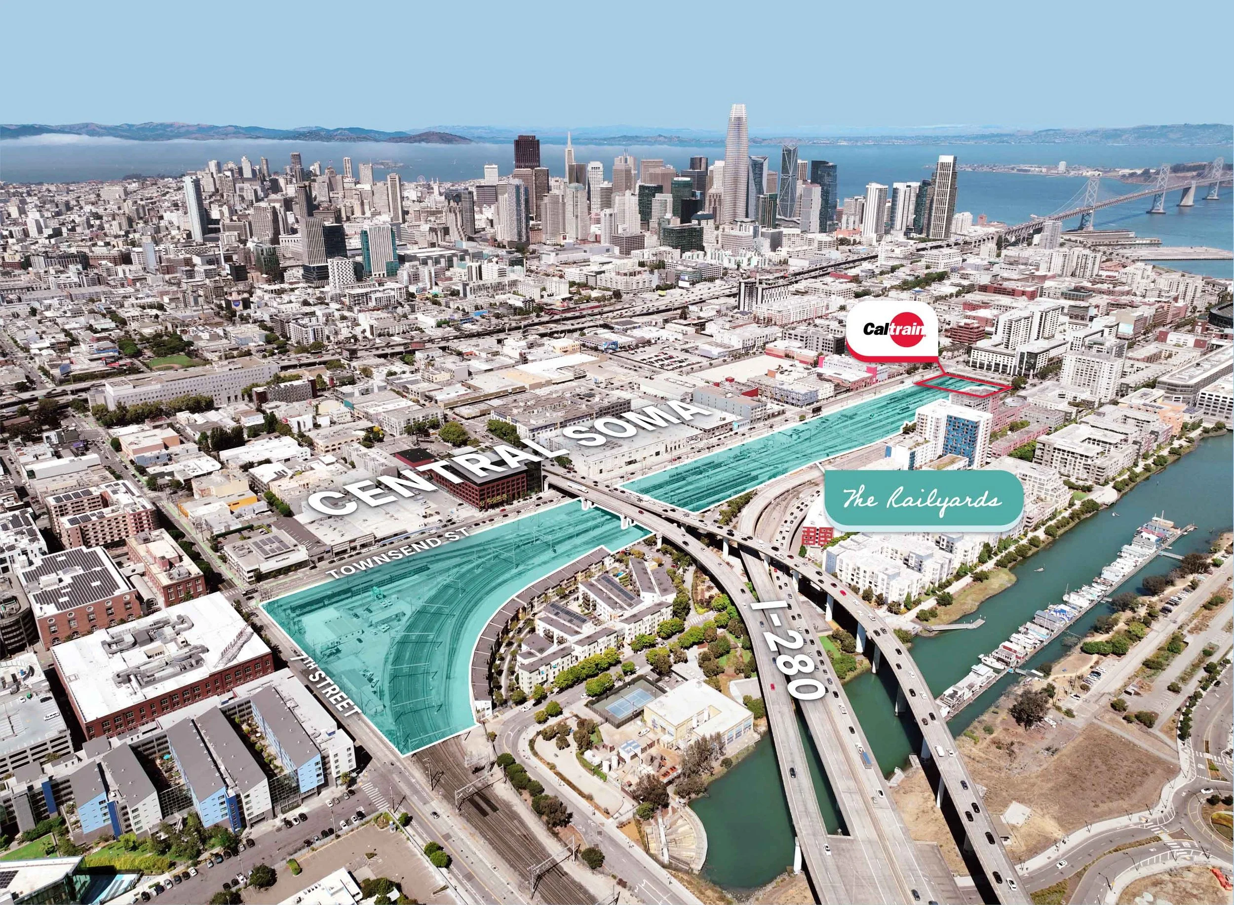 Aerial view of San Francisco showing extent of the Railyards site - between 4th and 7th Streets that is currently a railyard and Caltrain Station.