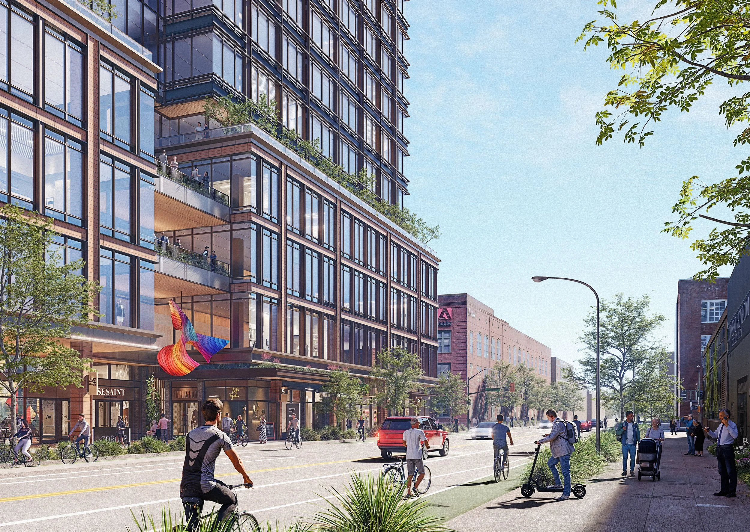 Preliminary concept rendering of bustling pedestrian and bike activity at Townsend and 7th Street intersection.