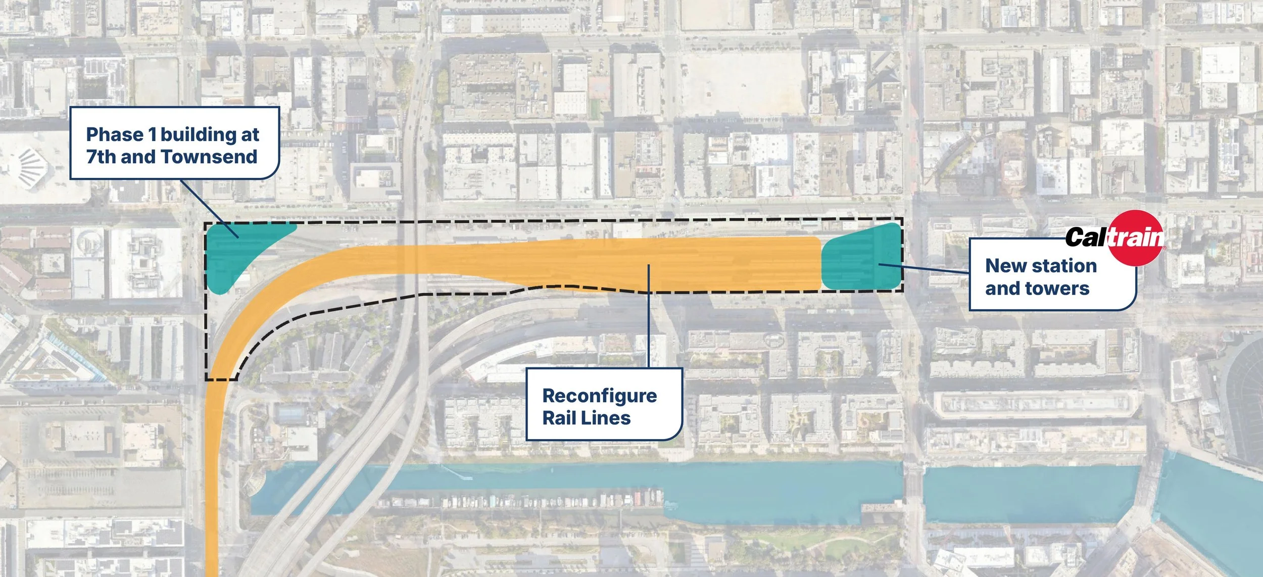 Map shows areas of development for phase 1, a new station and towers at 4th street, and an additional phase 1 building at 7th and Townsend, with rail lines reconfigured.