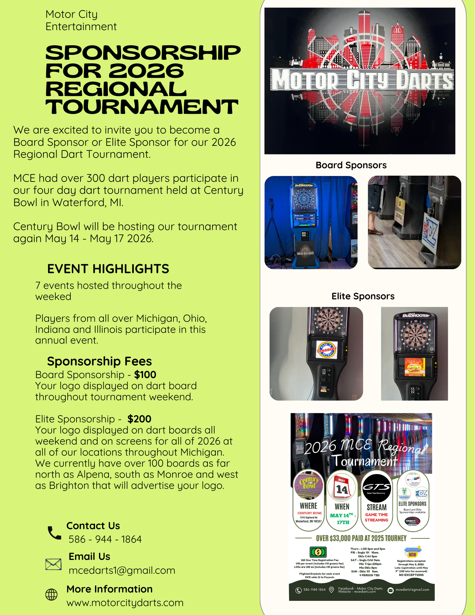 Flyer for the 2026 Motor City Darts Regional Tournament with event details, sponsorship information, and sponsor logos.