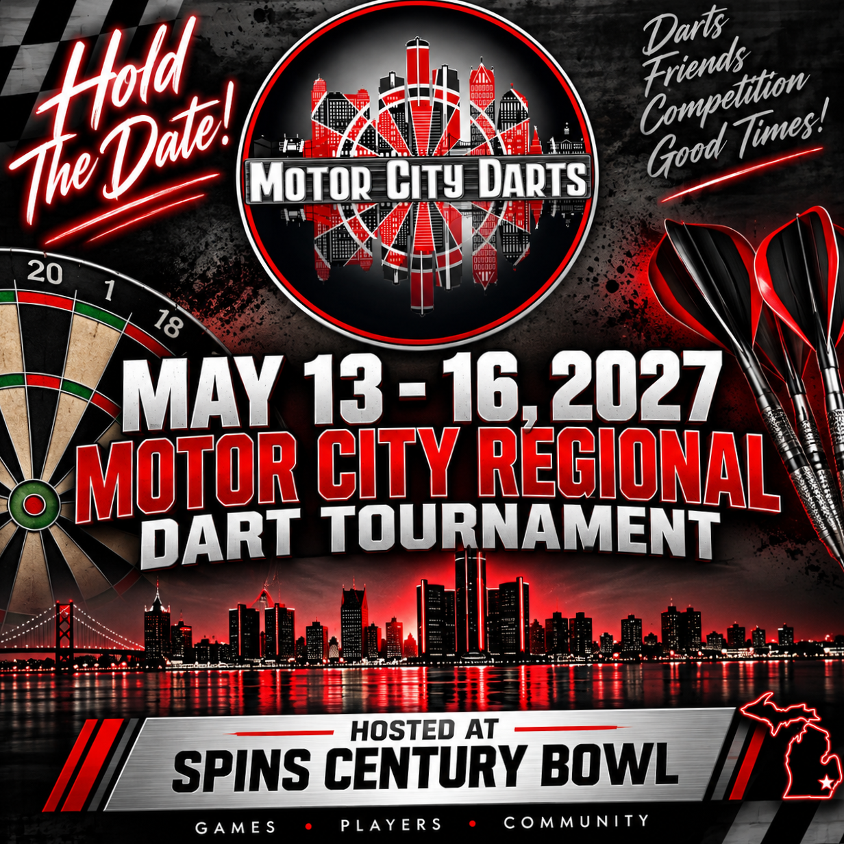 Event poster for the Motor City Darts Regional Tournament from May 13 to 16, 2027, hosted at Spins Century Bowl, featuring a city skyline, darts, and a dartboard with a sponsorship note at the bottom.