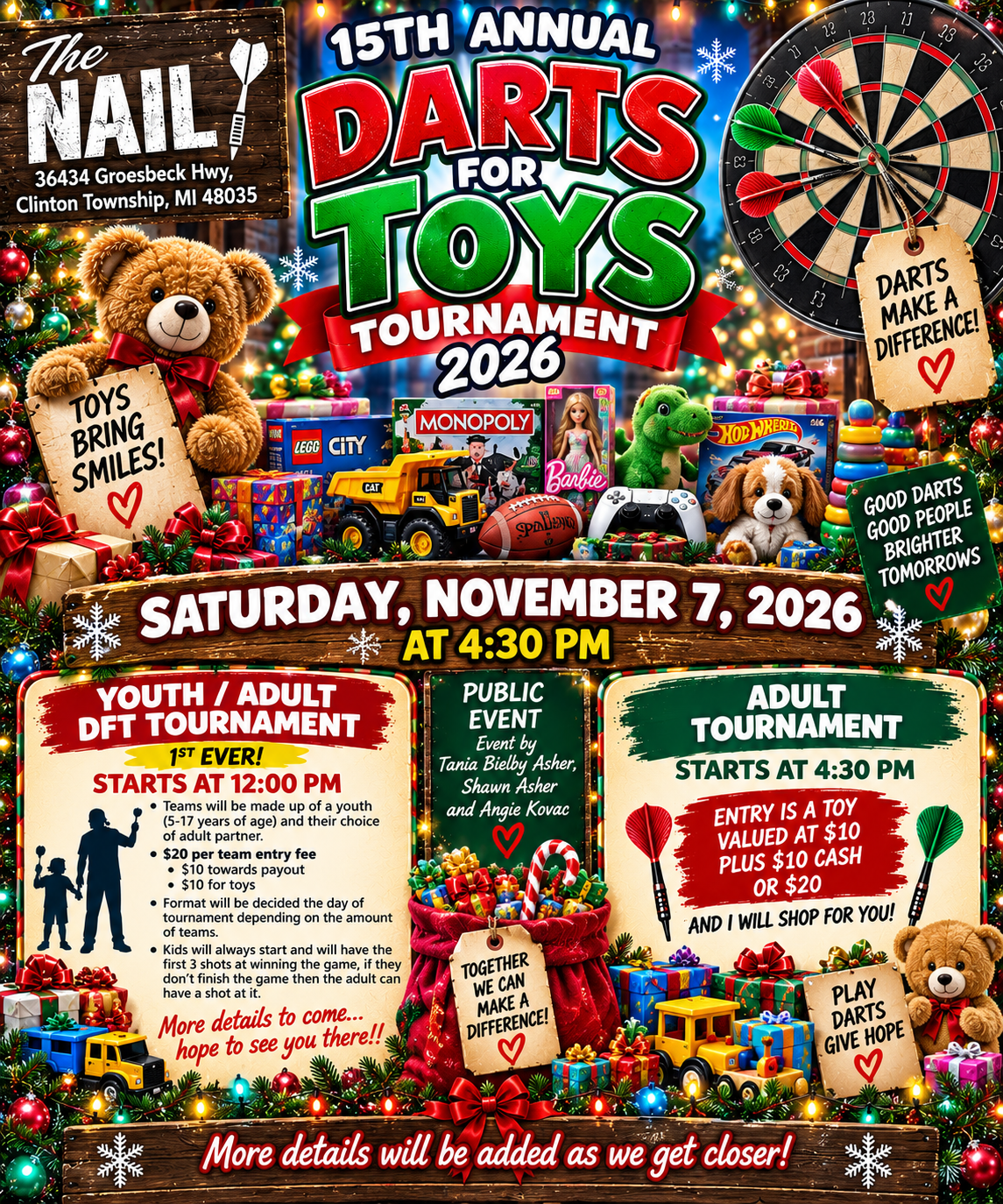 Colorful holiday event poster for the 15th Annual Darts for Toys Tournament in 2026, held on Saturday, November 7th at 4:30 PM at The Nail in Clinton Township, MI. The poster features toys, stuffed animals, a dartboard with darts, and festive decorations. It announces a youth/adult dart tournament starting at noon, and an adult tournament starting at 4:30 PM, with details about entry fees and prizes. There are Christmas-themed graphics, holiday greetings, and information about the event's purpose to bring smiles and make a difference for children.