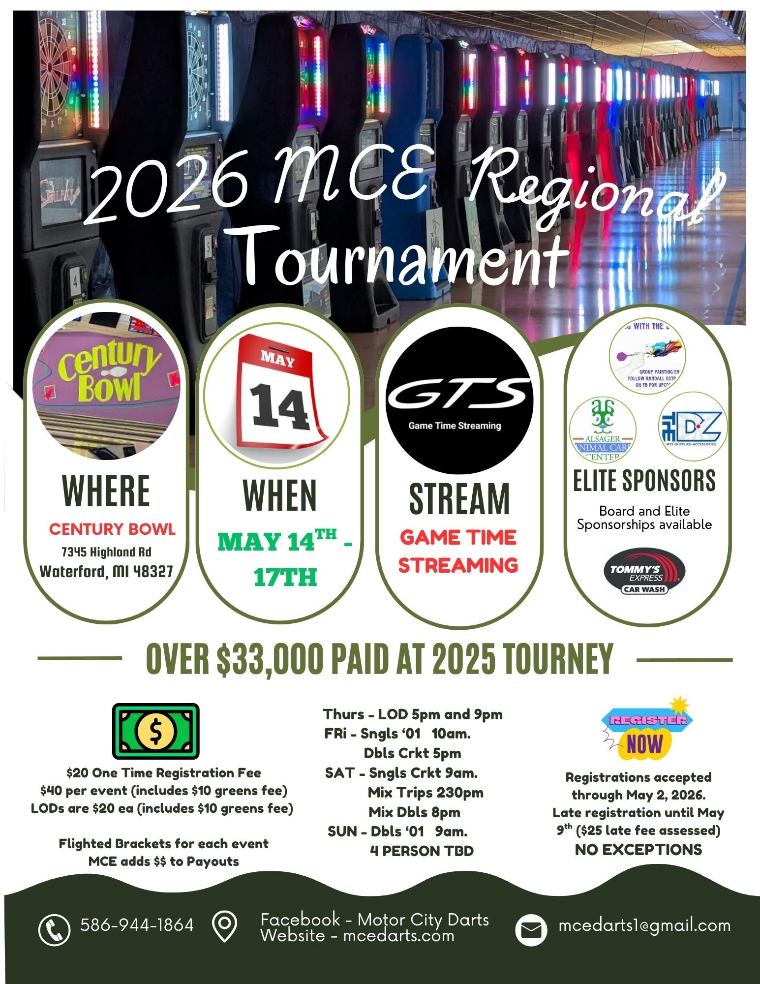 Event poster for the 2026 MCE Regional Tournament held at Century Bowl in Waterford, Michigan from May 14th to 17th, featuring league information and sponsorship details.