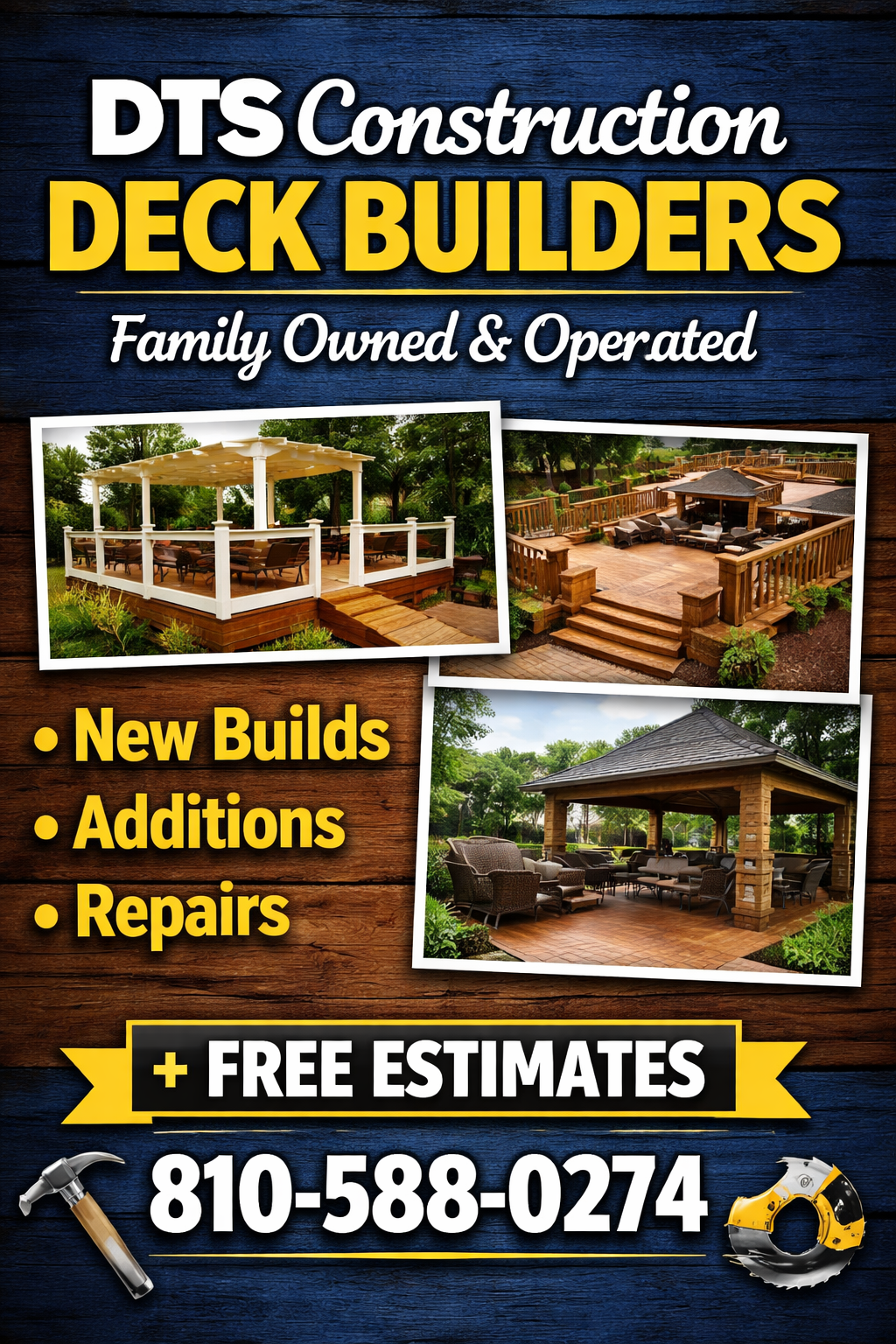 Company flyer for DTS Construction Deck Builders, displaying images of deck construction projects and contact information for free estimates.