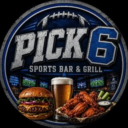 Logo for Pick 6 Sports Bar & Grill with a burger, a glass of beer, and fried chicken wings in front.
