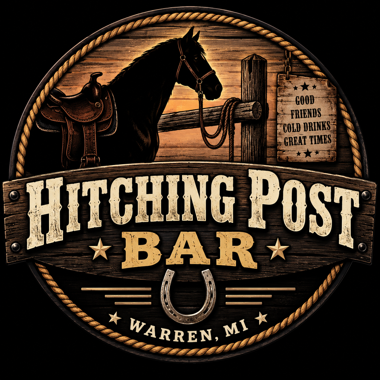 A logo for Hitchcock Post Bar in Warren, MI, featuring a black horse and a wooden sign with the words "Good friends, cold drinks, great times".