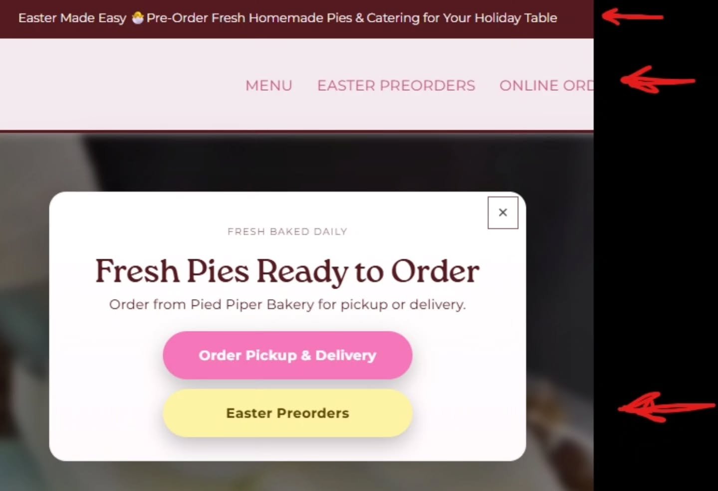 Easter Pre-orders 🐣 🥧 

Time to get your Easter orders in! Just go to piedaz.com and click the Easter banner.

Once you're on the preorder website, select the pickup or delivery date between 3/30 and 4/4 at the top of the page, and then select the 