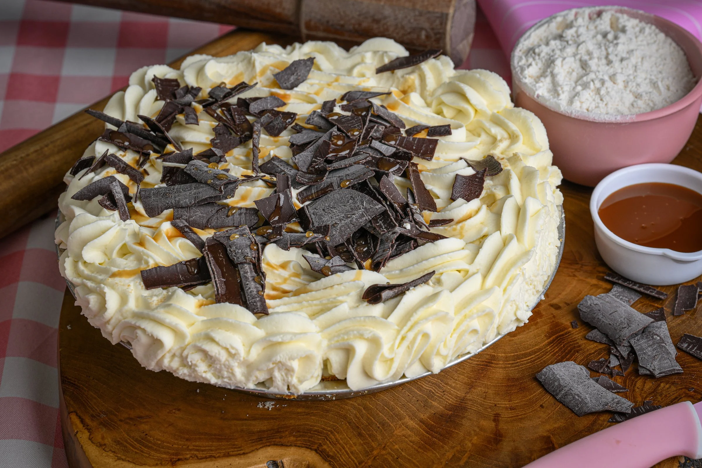 Decadent French Silk Pie, rich chocolate mousse with real whipped cream.