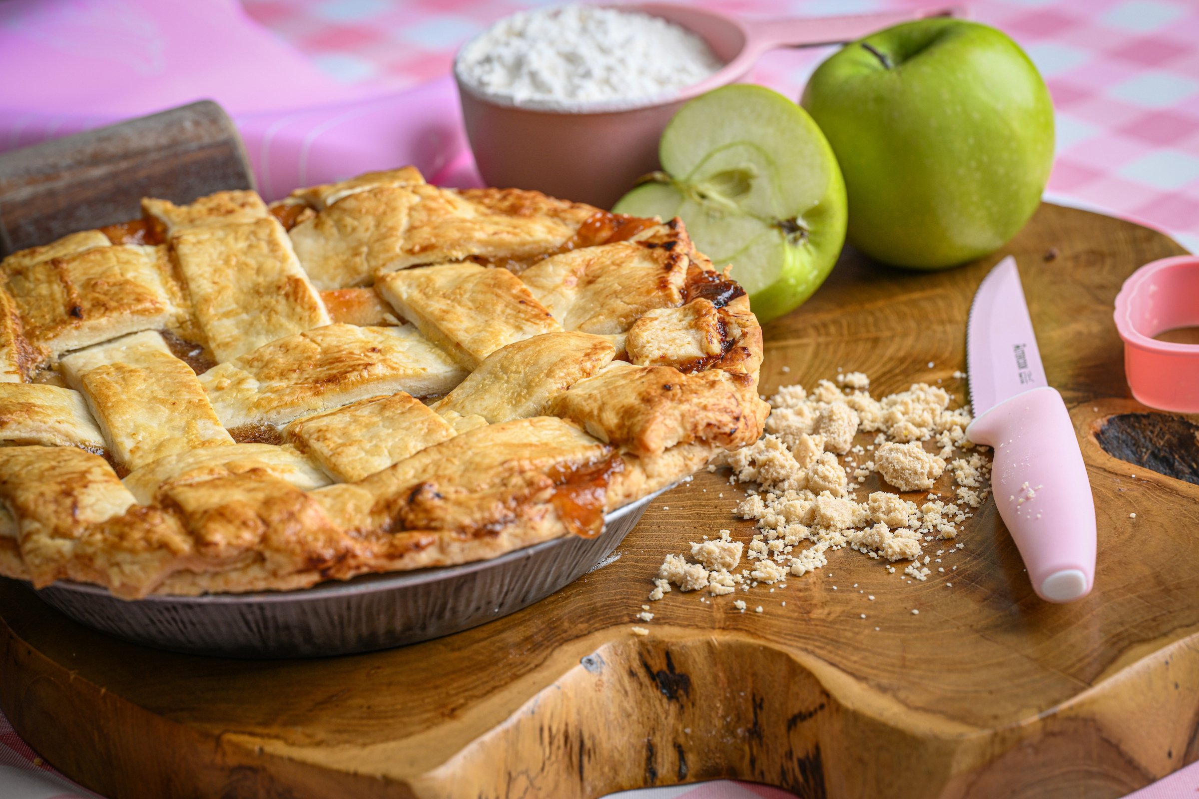 Homemade apple pie with a lattice top. Crumb top is optional.