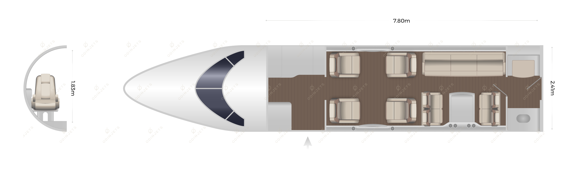 Bombardier Challenger 650 floorplan showing cabin seating layout, view 1 of 2 – private jet available for charter with OdinJets.