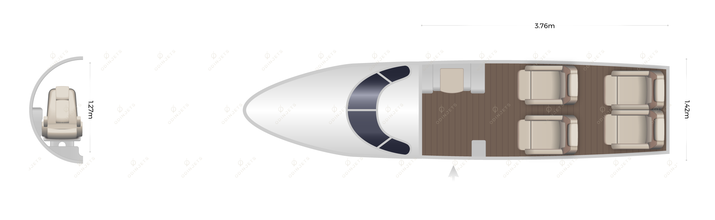 Eclipse 500 / 550 floorplan showing cabin seating layout, view 1 of 2 – private jet available for charter with OdinJets.