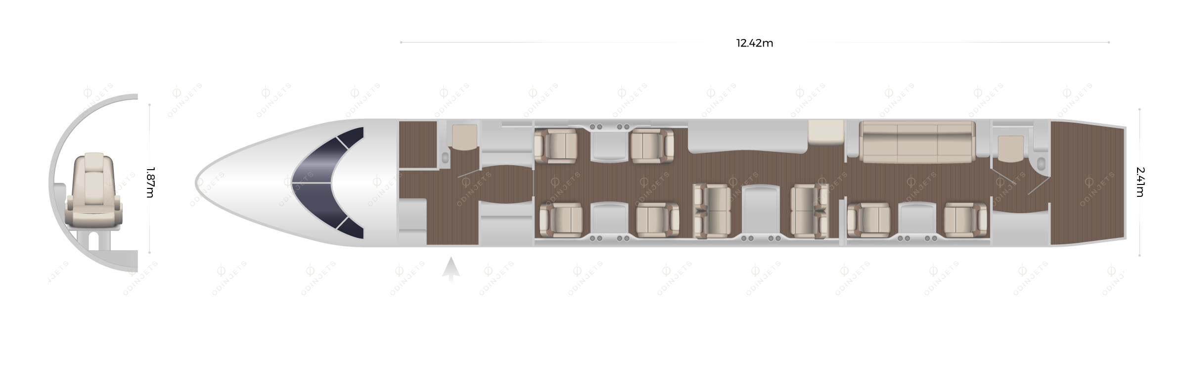 Bombardier Global 5000 floorplan showing cabin seating layout, private jet available for charter with OdinJets.