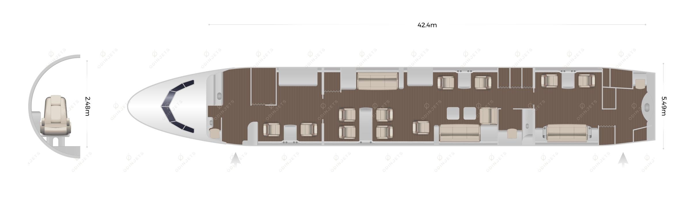 Boeing 787 VIP Dreamliner floorplan showing cabin seating layout – private jet available for charter with OdinJets.