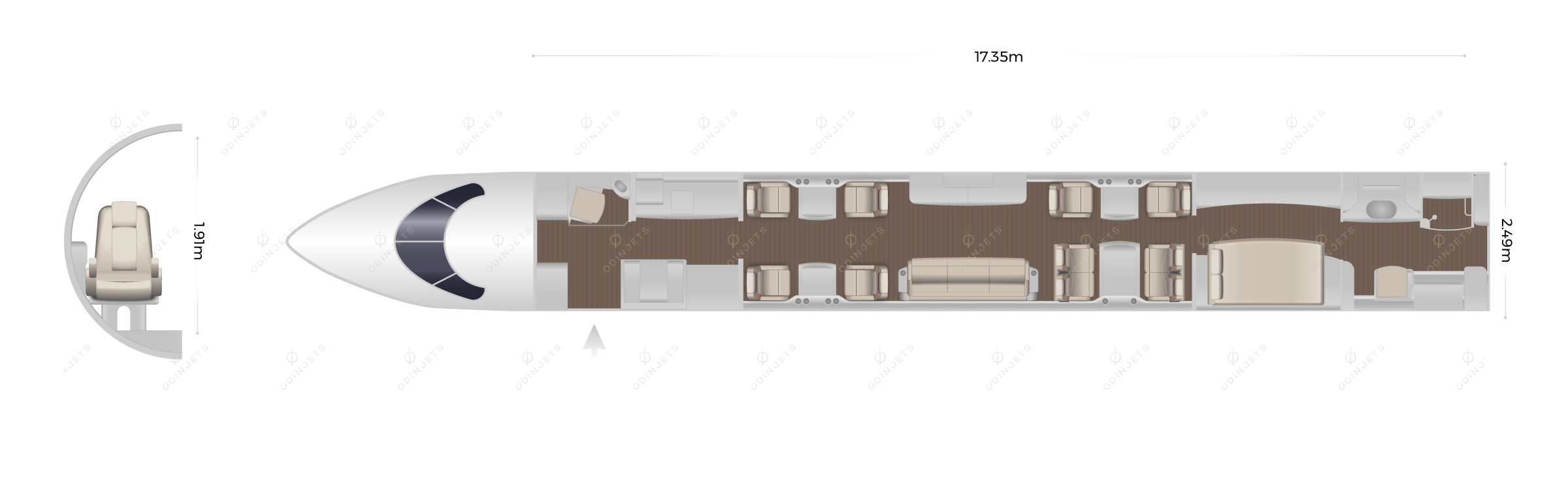 Gulfstream G700 floorplan showing cabin seating layout, private jet available for charter with OdinJets.
