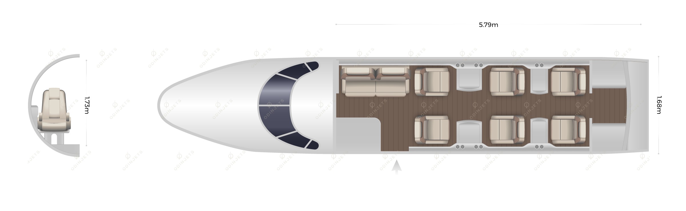 Cessna Citation Excel / XLS floorplan showing cabin seating layout, private jet available for charter with OdinJets.