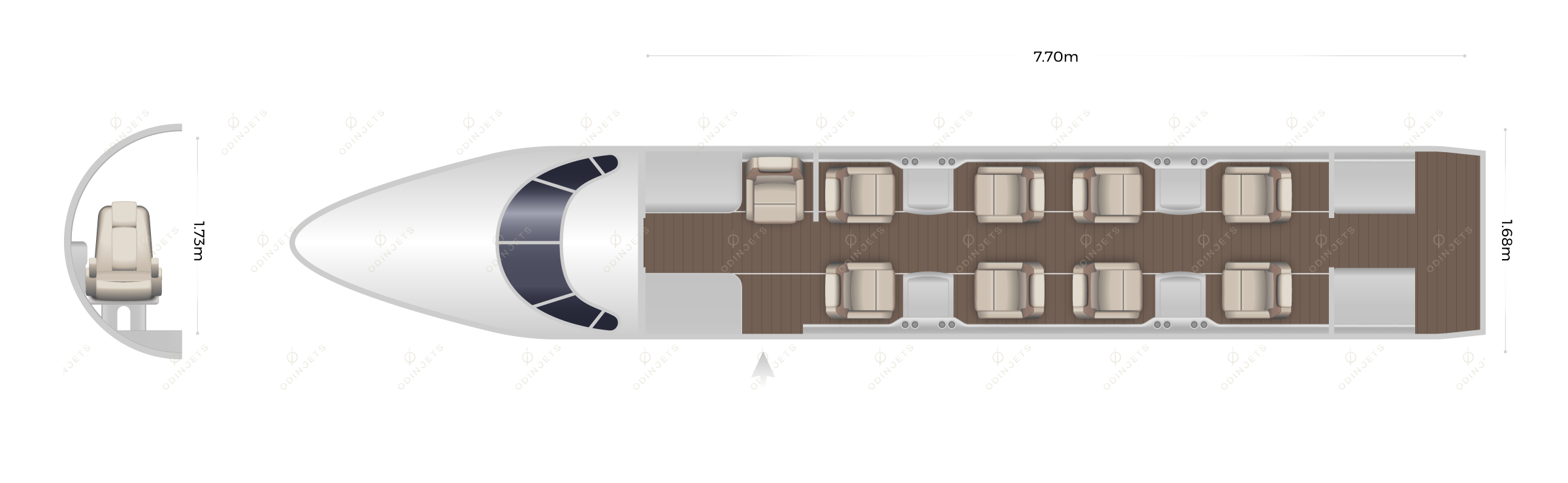 Cessna Citation Sovereign floorplan showing cabin seating layout, view 1 of 2 – private jet available for charter with OdinJets.