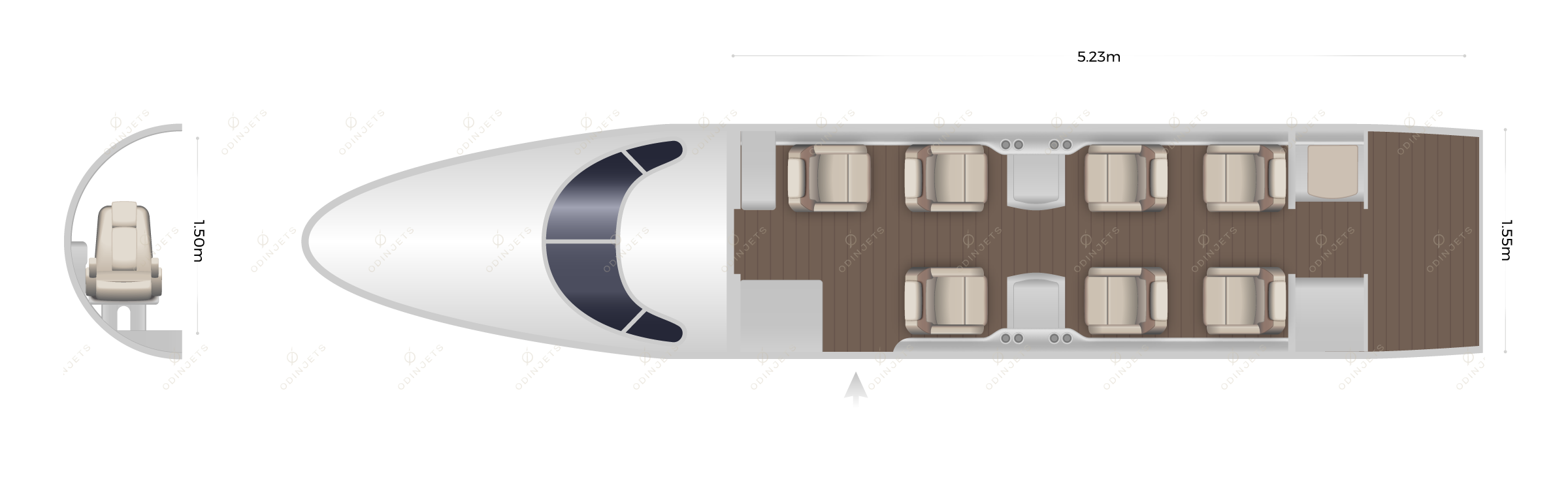Embraer Phenom 300 floorplan showing cabin seating layout – private jet available for charter with OdinJets.